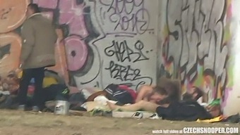 Realistic Threesome With Homeless Couple And Voyeuristic Czech Snooper In Public