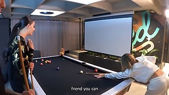 Three Gorgeous Brunettes Indulge In A Lesbian Threesome On A Pool Table