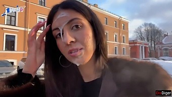 Stunning Woman Strolls In Public With Semen On Her Visage, Receiving A Bountiful Reward From An Unknown Individual - Cumwalk